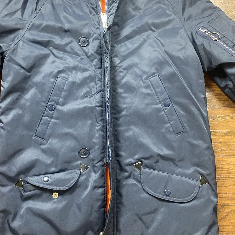 Vintage JCPenney Boys N-3B Parka Jacket Navy Blue Faux Fur Hood XL 18-20